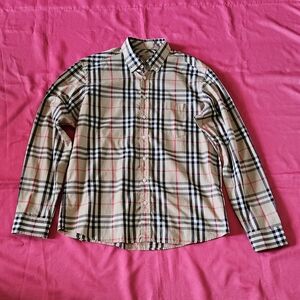 Men's Burberry Beige Plaid Button-Down Shirt with Black and Red Stripes Size L